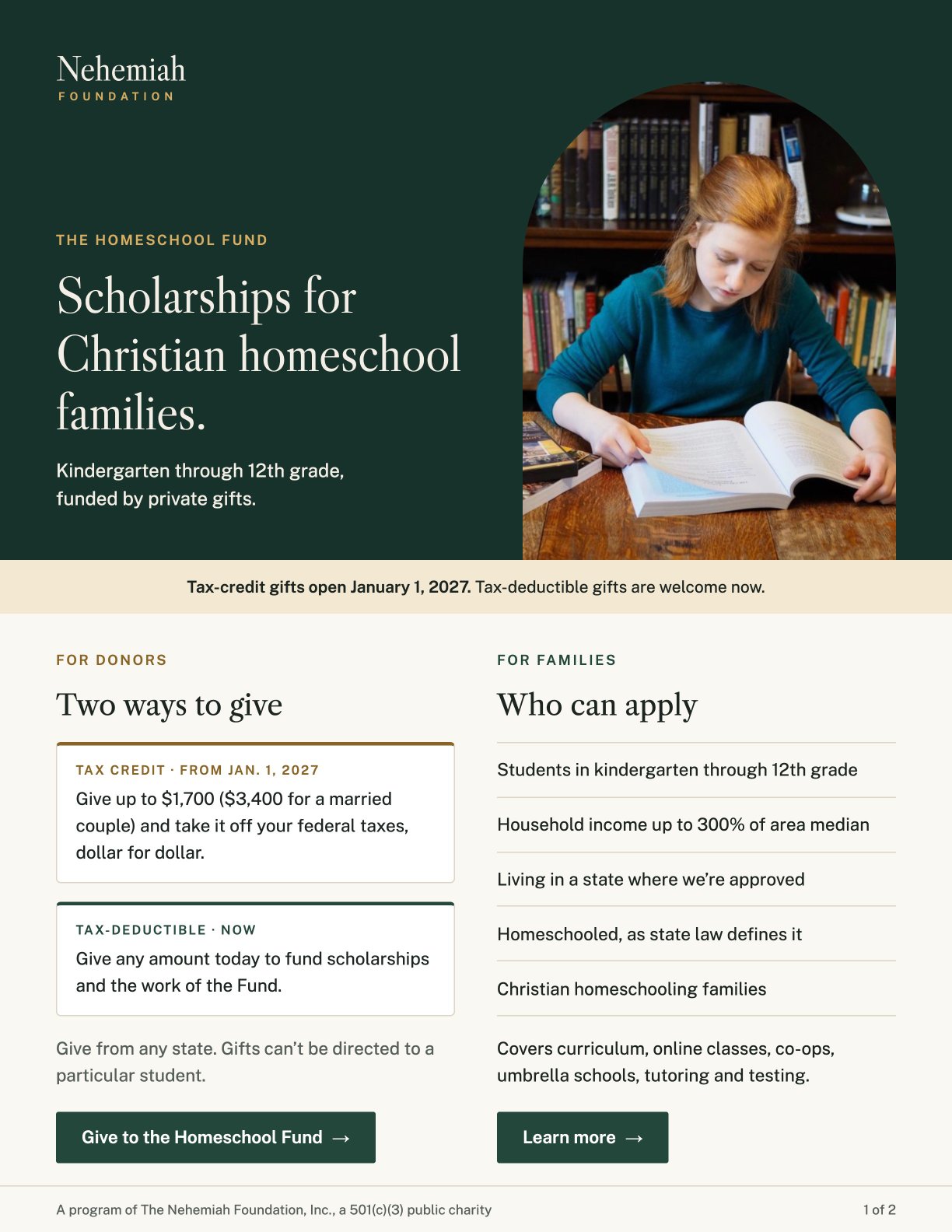 Brochure page 1: Scholarships for Christian homeschool families