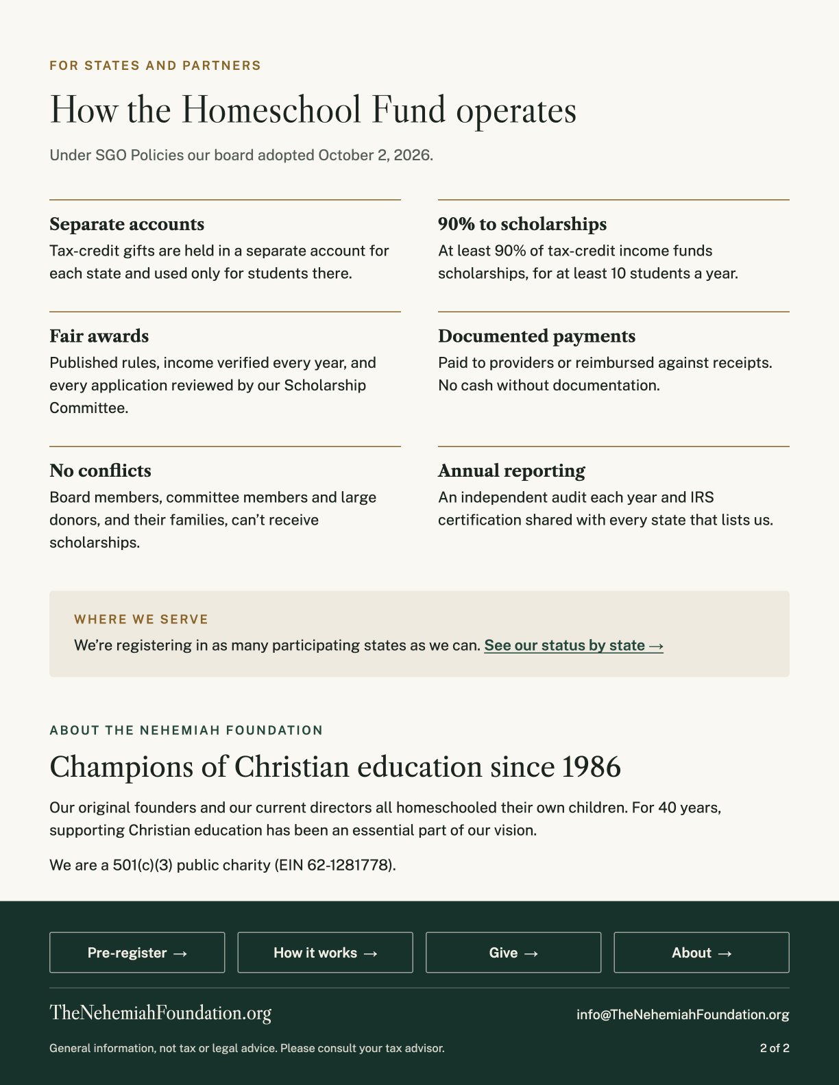 Brochure page 2: How the Homeschool Fund operates